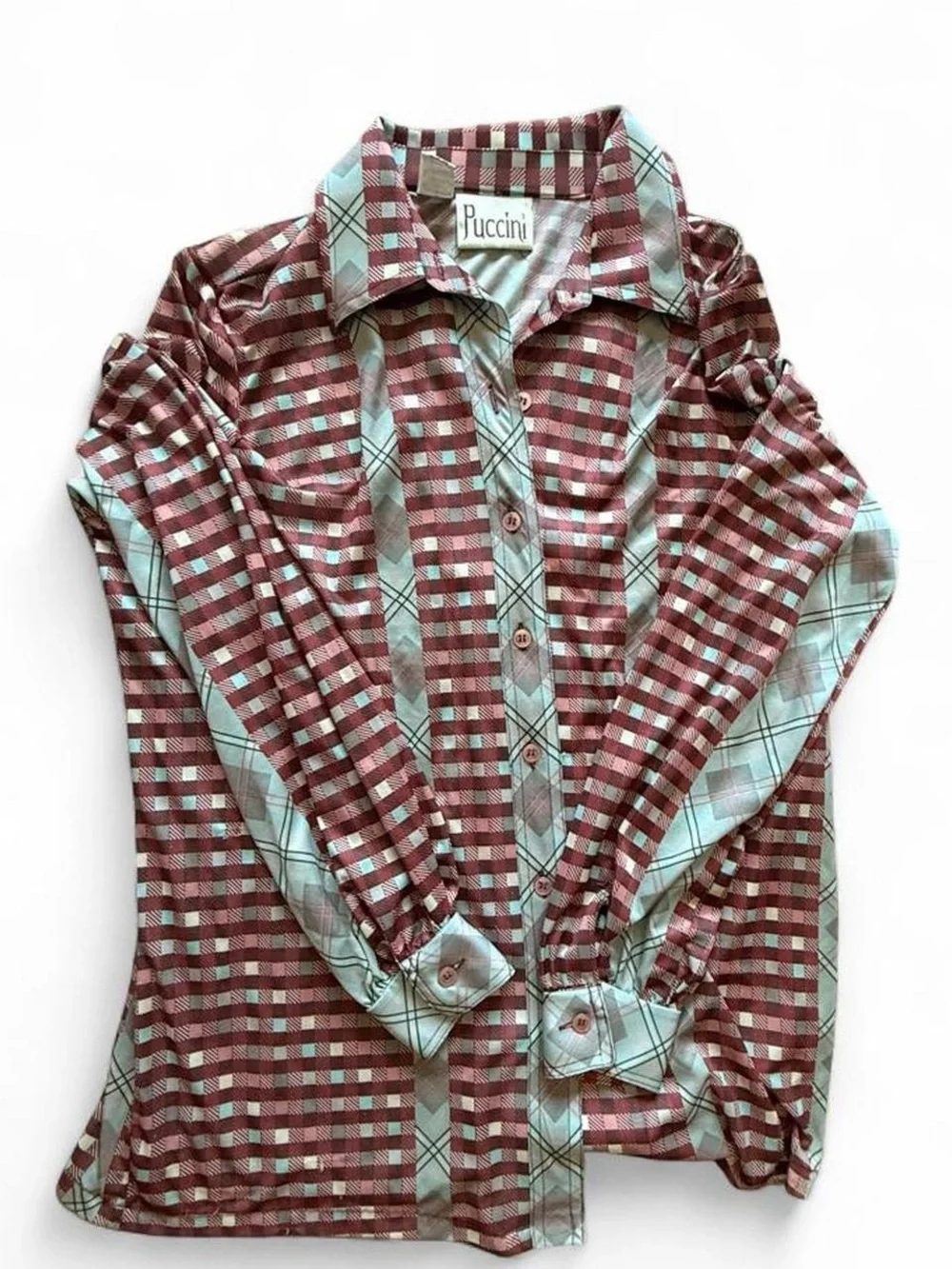 Puccini Women's Plaid Button-Up Blouse in Burgundy and Teal
